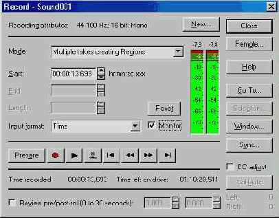 Окно записи в программе Sound Forge